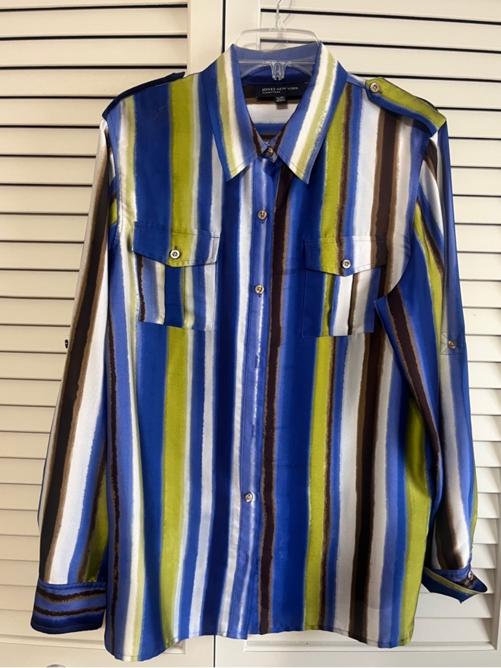 Jones New York Vertical Stripe Button-Up Blouse in Blue, Green & Brown